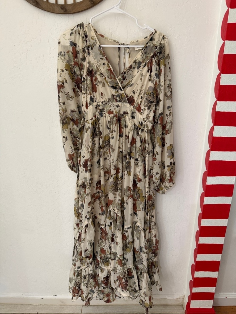 Storia Earthy Floral Flowy Boho Mid Maxi Tie Back Blouson Tiered Dress Small - Picture 2 of 6